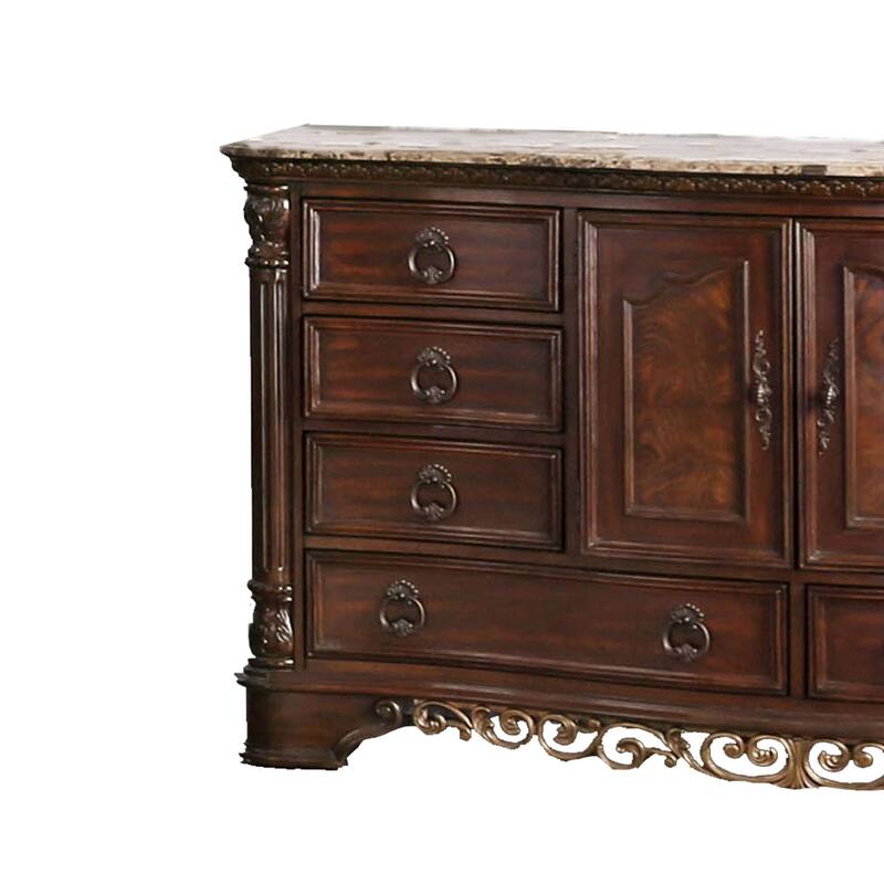 8 Drawer Wooden Dresser with 2 Door Cabinet and Marble Top, Brown