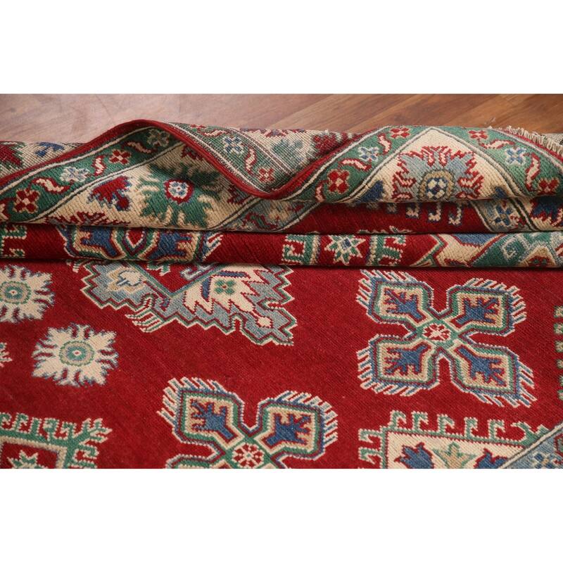 Geometric Red Kazak Area Rug Handmade Wool Carpet - 5'2" x 6'9"
