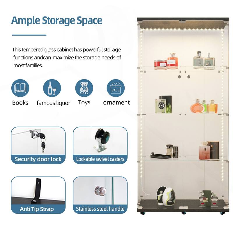 Versatile Tempered Glass Cabinet with Lock and Bluetooth LED Strip for Various Rooms