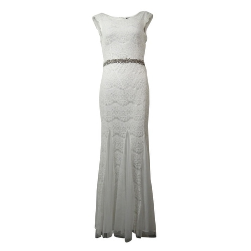 Betsy & Adam Women's Beaded Lace Mesh-Godet Gown