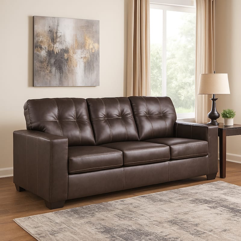 Orion Sofa, Dark Brown Tufted Real and Faux Leather Cushions, 85 Inch