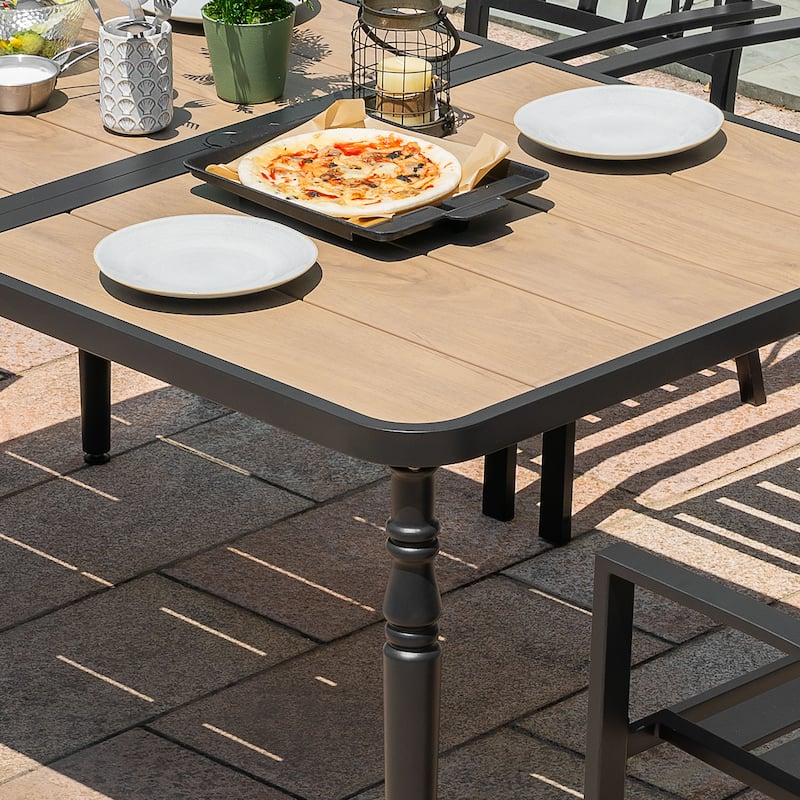 Patio Square Dining Table with Umbrella Hole, Wood-Grain Tabletop