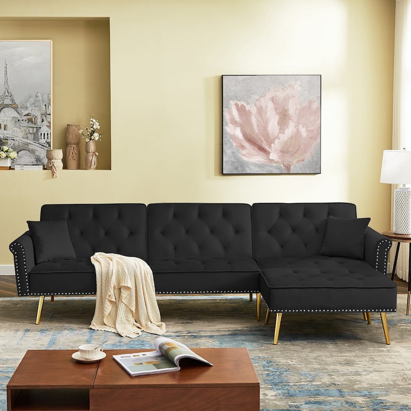 Velvet Upholstered Reversible Sectional Futon Sofa Bed with Movable
