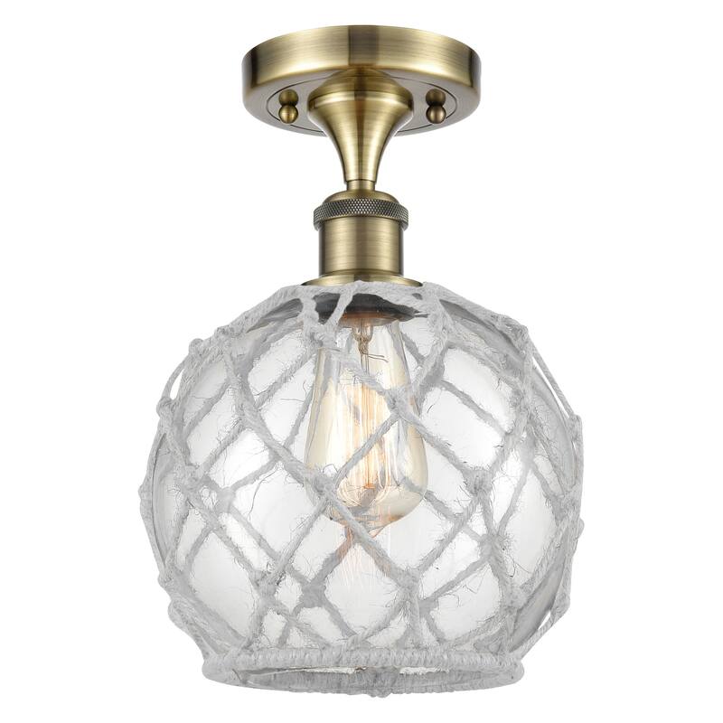 Innovations Lighting 516-1C-13-8 Farmhouse Rope Semi-Flush Farmhouse - Antique Brass / Clear Glass with White Rope