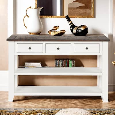 48'' Solid Pine Wood Top Console Table, Modern Entryway Sofa Side Table with 3 Storage Drawers and 2 Shelves. Easy to Assemble