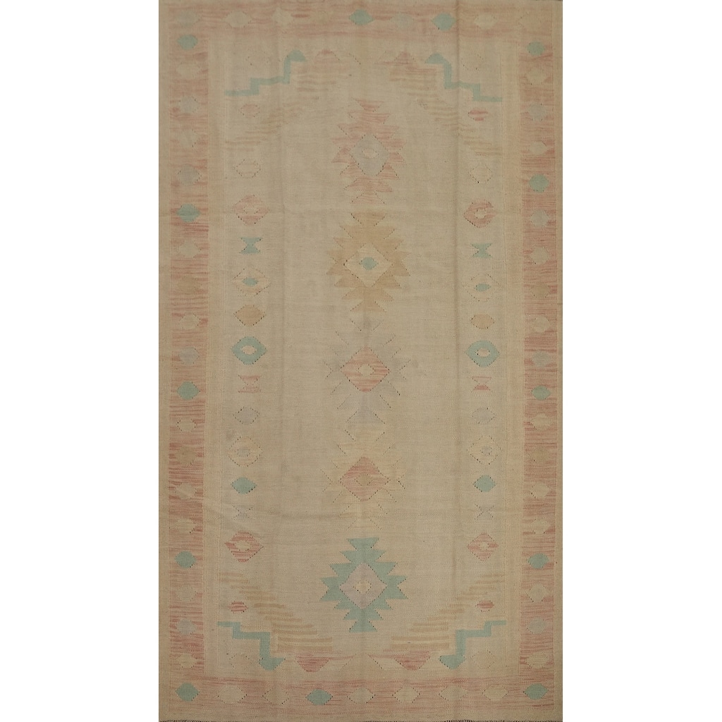Hand Woven Oriental 100% Wool Carpet Southwestern Tribal Beige & Ivories Kilim Area Rug - 7' 10'' X 4' 8''