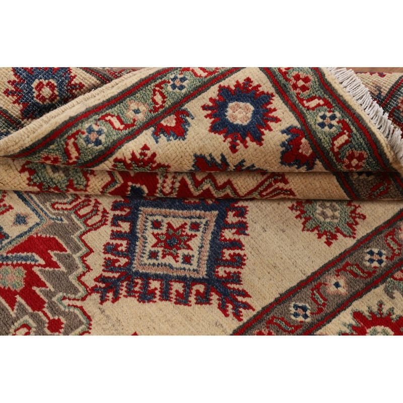 Geometric Kazak Oriental Accent Rug Handmade Beige Wool Carpet - 3'3" x 5'0"