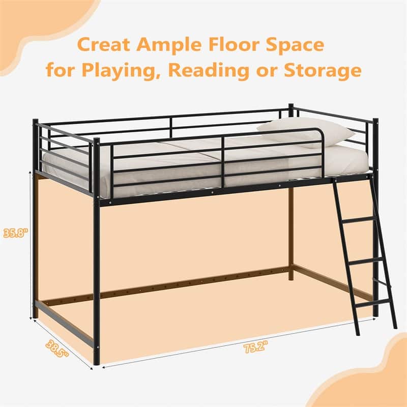 Junior Metal Twin Loft Bed With Guard Rails And Stairs