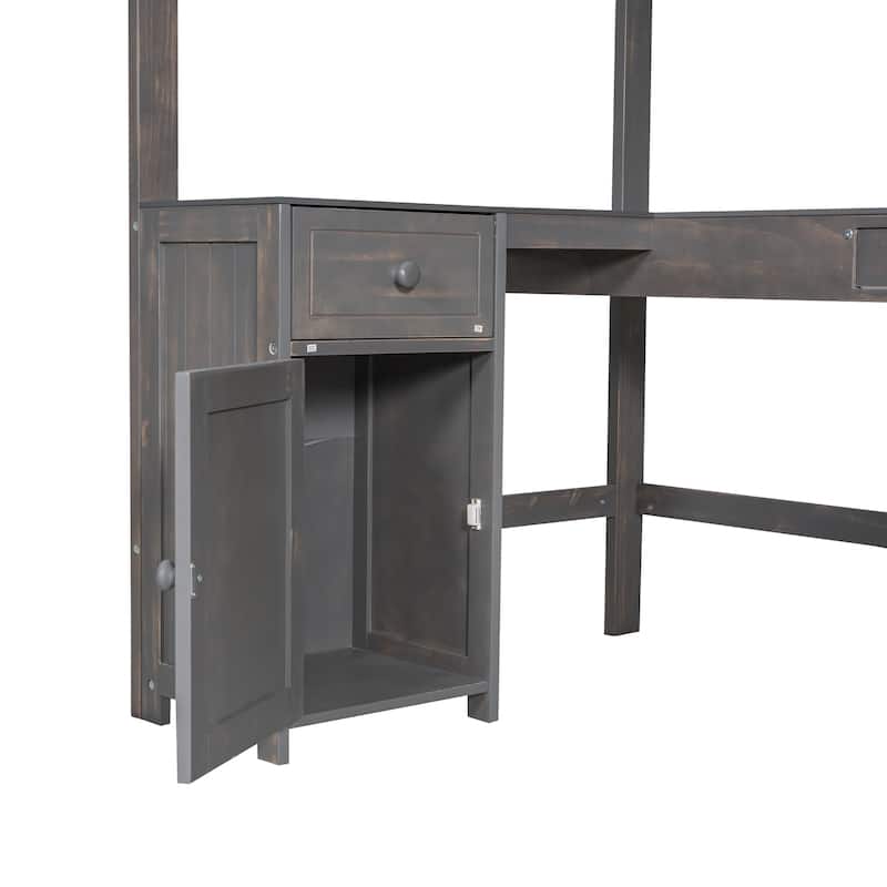 Antique Brown Twin Size Solid Wood Loft Bed with Desk, Blackboard, and Storage