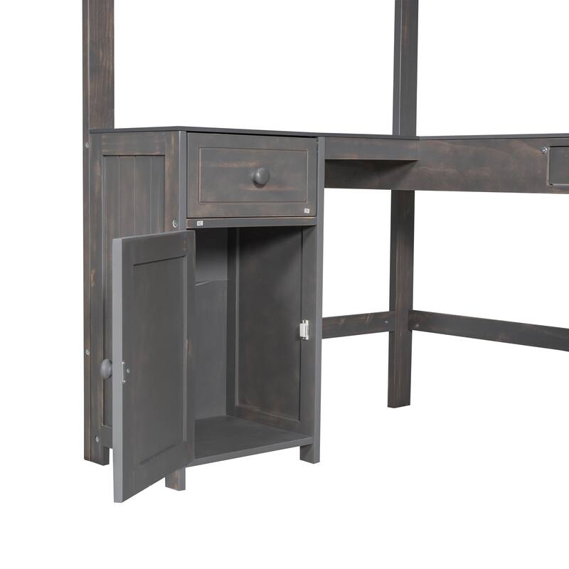 U-Shaped Desk Loft Bed with Storage Shelves & Drawers, Twin Size, Antique Brown