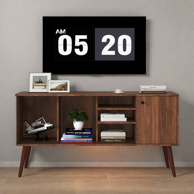 53" Modern TV Stand with Storage with 1 Cabinet and 3 Open Shelves - Walnut