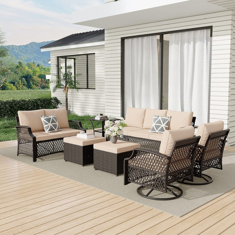 Outdoor Wicker Patio Set w Swivel Chairs & Sofa, Ottomans and Tables, Modular 3/5/6/7-Piece, All-Weather Conversation Set.