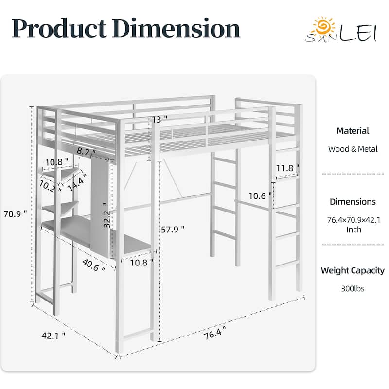 Futzca High Loft Bed Frame with Desk, Twin Size Bunk Bed