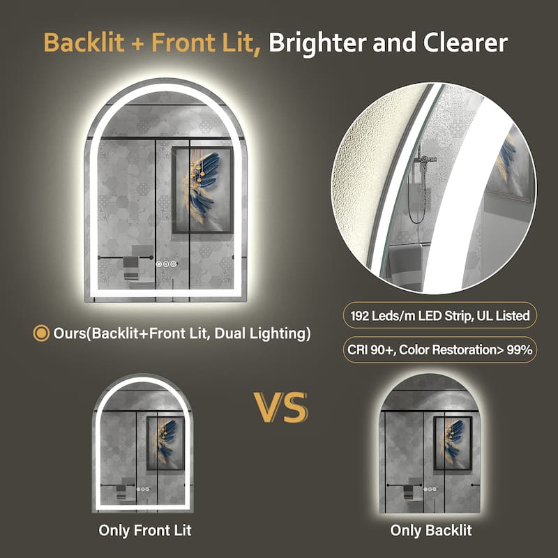 UL Certified Arched LED Anti-fog Tempered Glass Wall Bathroom Vanity Mirror