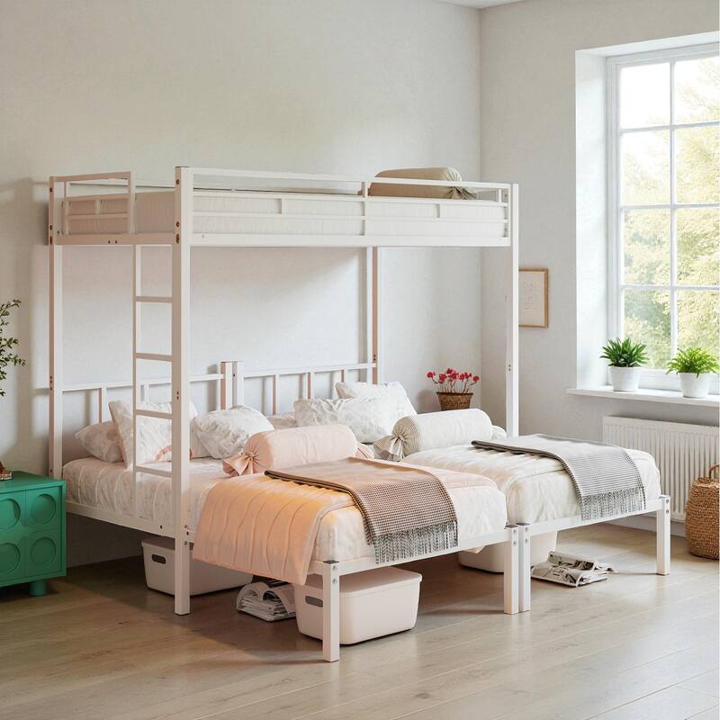 Metal Twin Over Twin Over Twin Triple Bunk Bed with Safety Guardrails, Ladder, Convertible 3 Beds, Heavy-Duty Frame - White - Twin