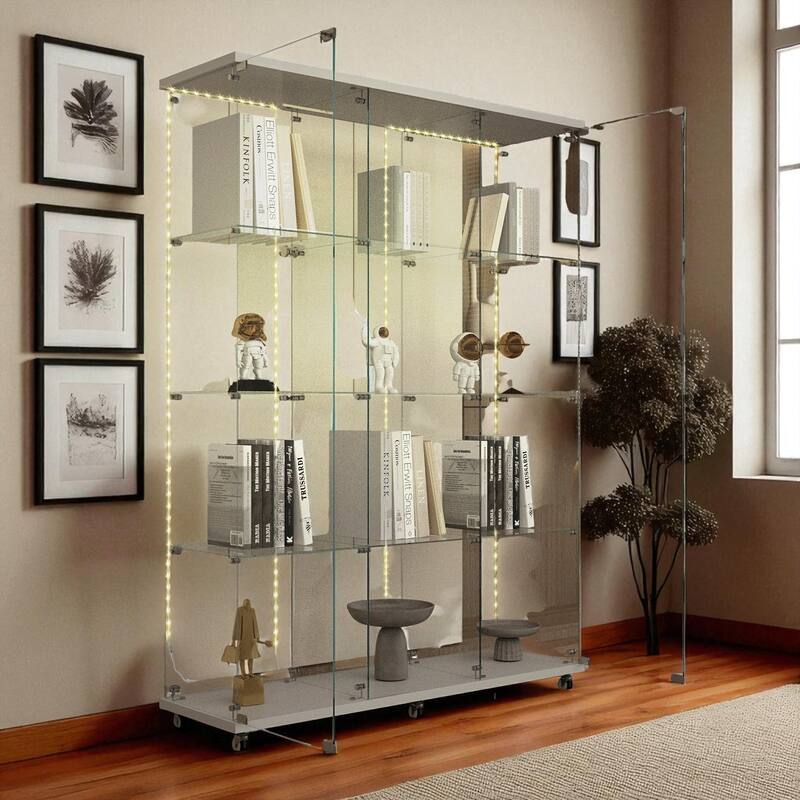 65" Tempered Glass Display Cabinet with Bluetooth LED Lights, Lockable Doors, Casters, 5-Shelf Storage Showcase