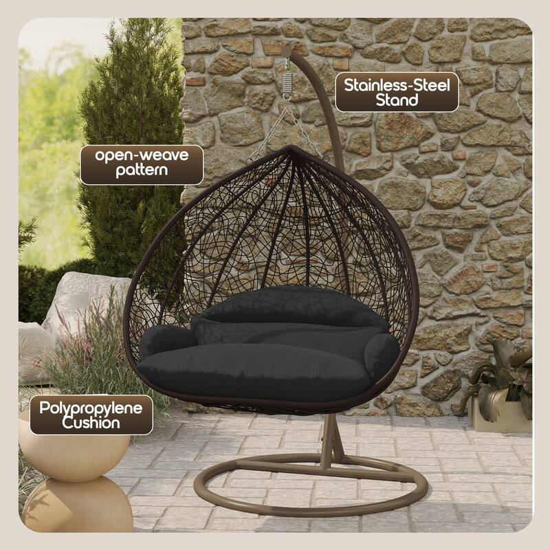 2-Person Egg Swing Chair in Brown Stainless Steel 2-Seater Porch Swing with Stand for Outdoor and Indoor - 77.95" Height