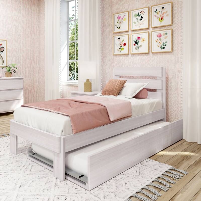 Max and Lily Farmhouse Twin Bed with Plank Headboard and Trundle - White Wash