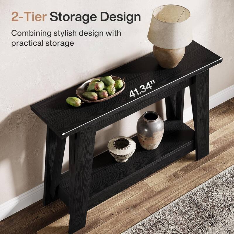 41.3" Farmhouse Console Table, 2-Tier Wooden Entryway Table with Storage - 41.3" W x 11.8" D x 31.3" H