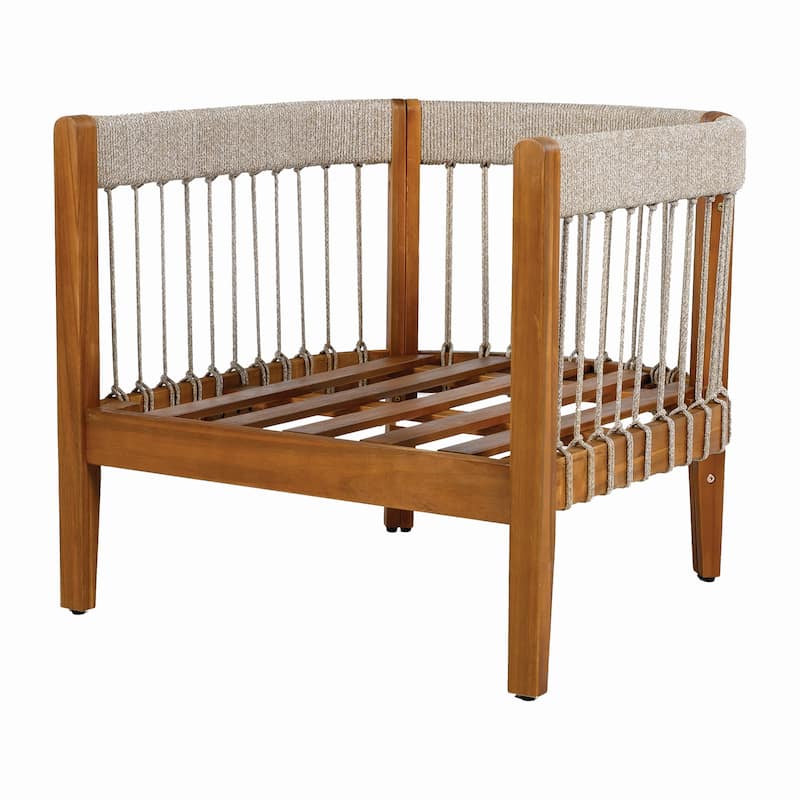Acacia Wood Outdoor Club Chair with Handwoven Rope Accents and Curved Backrest