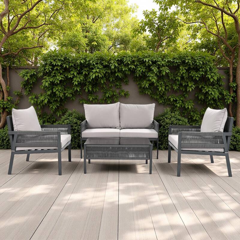 4-Piece Outdoor Patio Rope Conversation Sofa Set with Tempered Glass Table - Grey