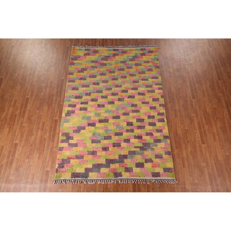 Checkered Moroccan Oriental Area Rug Hand-Knotted Wool Carpet - 6'11" x 10'4"