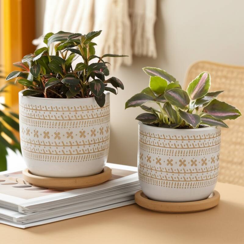 Ceramic Circular Saucer Planters Set of 2 - 6/8 in. - 7.5" - Brown