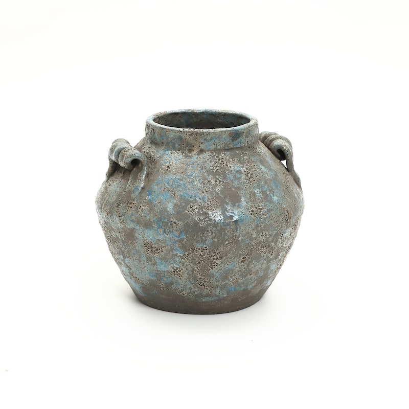 Antiqued Blue & Brown Terracotta Vase with Handles, Vintage Pottery - 8.66" H x 9.06" Diameter