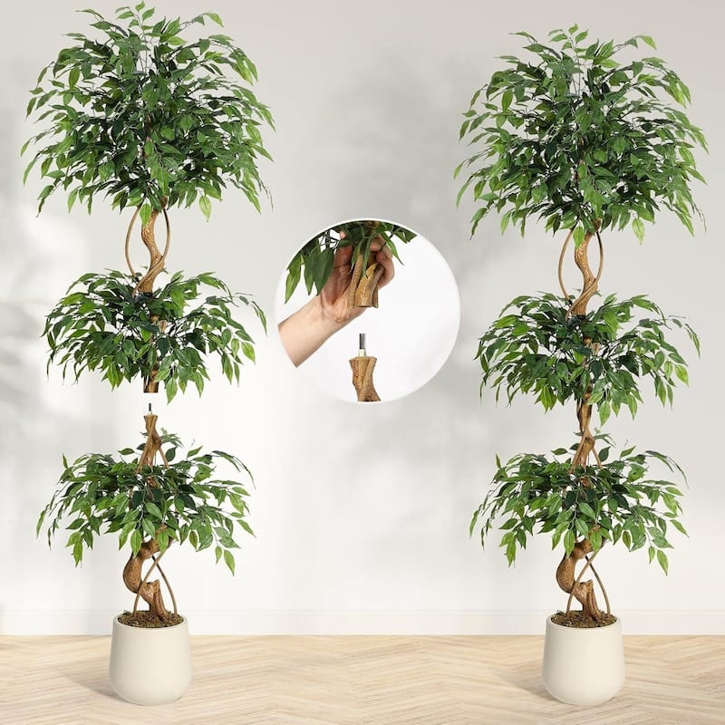 Artificial Faux Silk Ficus Tree with Curved Trunks for Indoor Home Decor