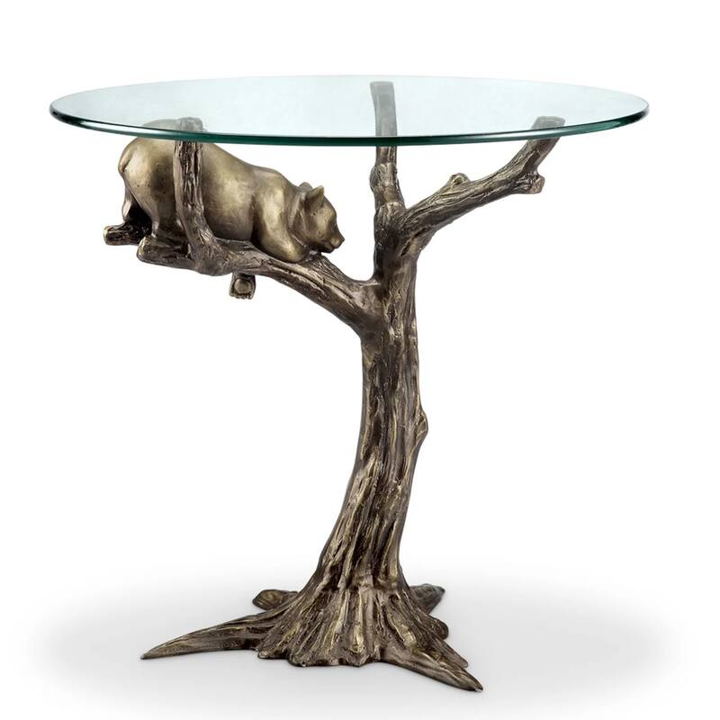 Sleepy Bear Hand Painted Aluminum Glass Top End Table - 22.5 X 24 X 24 inches
