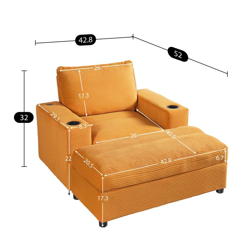 Oversized 42.8" Chaise Lounge Chair with Storage Ottoman, Corduroy Sleeper Chair with Cup Holders & USB Port for Living Room