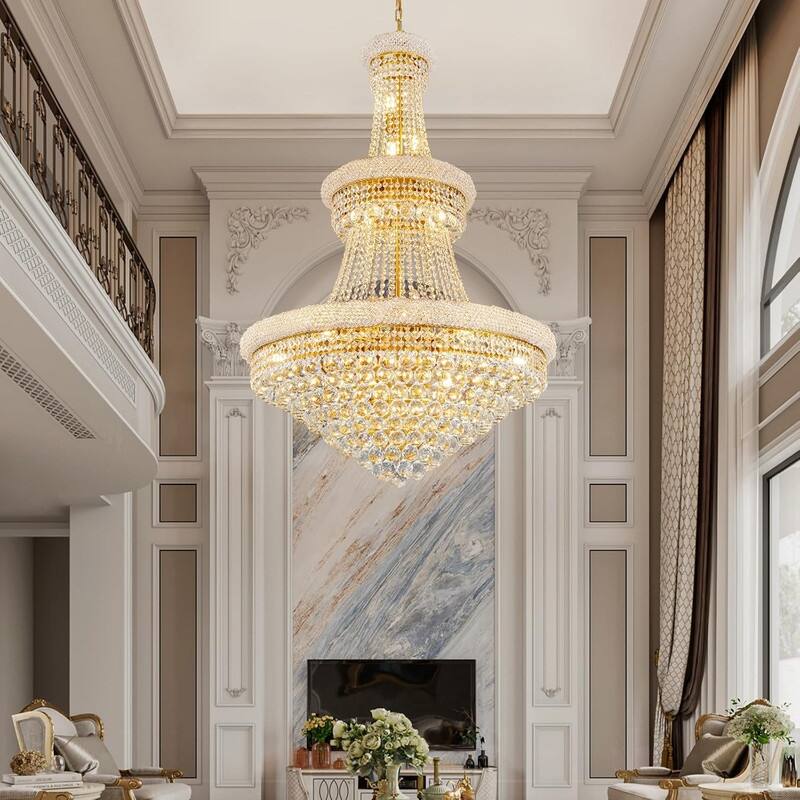 KAYLA 19-Lights High Ceiling Chandelier Modern Gold Crystal Chandeliers Large Foyer Chandelier Fixtures