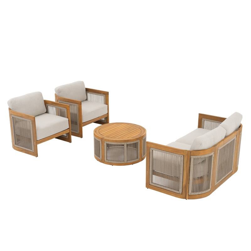 Outdoor 4-Piece Wood Sofa Set With Round Coffee Table