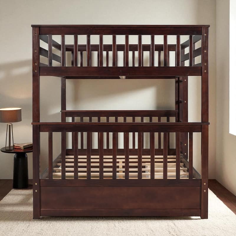 Full Over Full Bunk Bed with Ladder and 2 Storage Drawers, Convertible Wood Frame for Kids or Teens