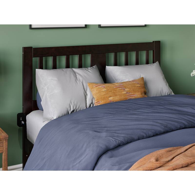 Full Bed with Foot Drawer & Charging Station - Vintage Style, Espresso Finish, Solid Wood Frame