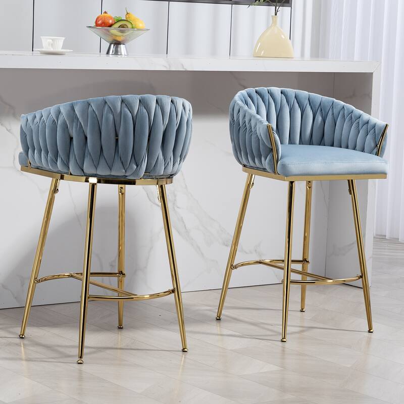 Versatile Counter Height Bar Stools Set of 2 Velvet Armchairs with Wave Braided Curved Back, Golden Chromed Legs and Footrest