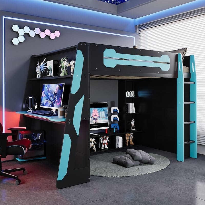 Full Size Wood Loft Bed with Desk, Multi-storage Shelves and RGB Light, Red - Blue