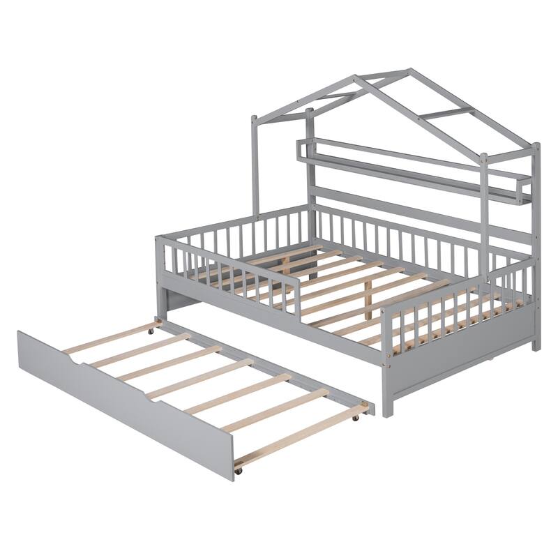 Full Pine House Bed with Trundle, Shelf & Guardrail