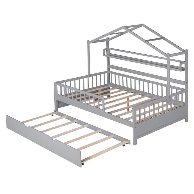 Wooden House Bed with Twin Trundle and Shelf, Full-Length Guardrail