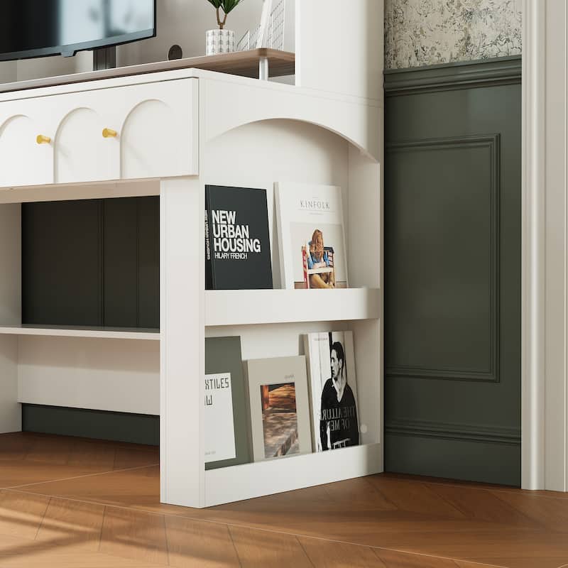 63” Modern White Computer Desk with Hutch & Drawers, Tempered Glass Cabinet Doors, Large Storage Home Office Workstation