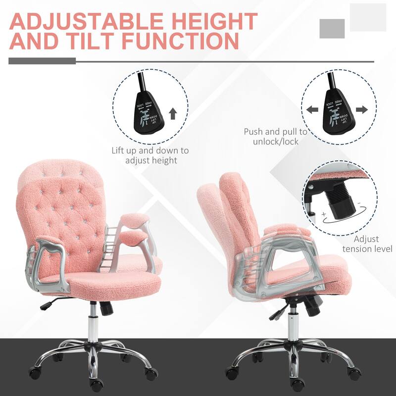Teddy Fleece Home Office Chair Button Tufted Desk Chair with Padded Armrests, Adjustable Height, for Office, Pink