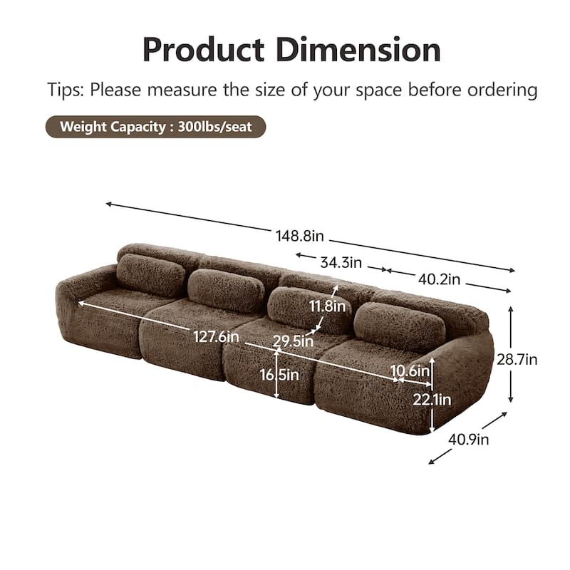 Modular Sectional Sofa, Plush Fabric Boneless Couch with Throw Pillows, 2/3/4-Seater Options, No Assembly