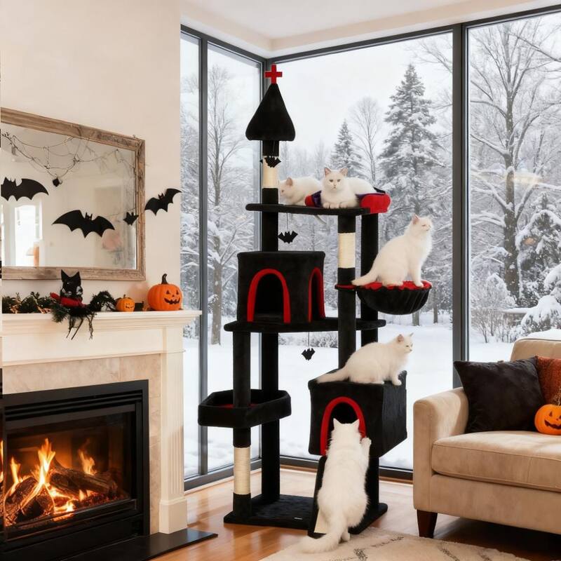 78"Cat Tree Cat Tower with Coffin Bed - Black Multi