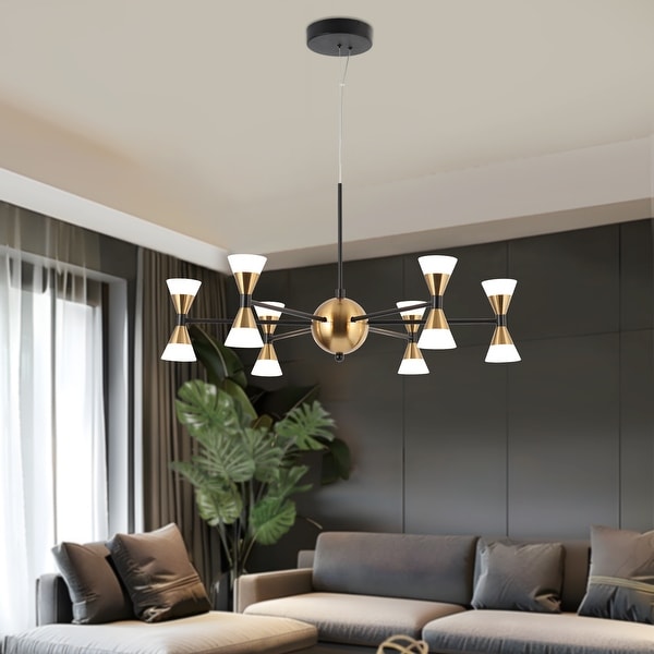 Savonnerie Modern Contemporary 12 Light Black Gold LED Chandelier Metal Wheel Pendant Lights for Dining Room 23.5 D x 12.5 H