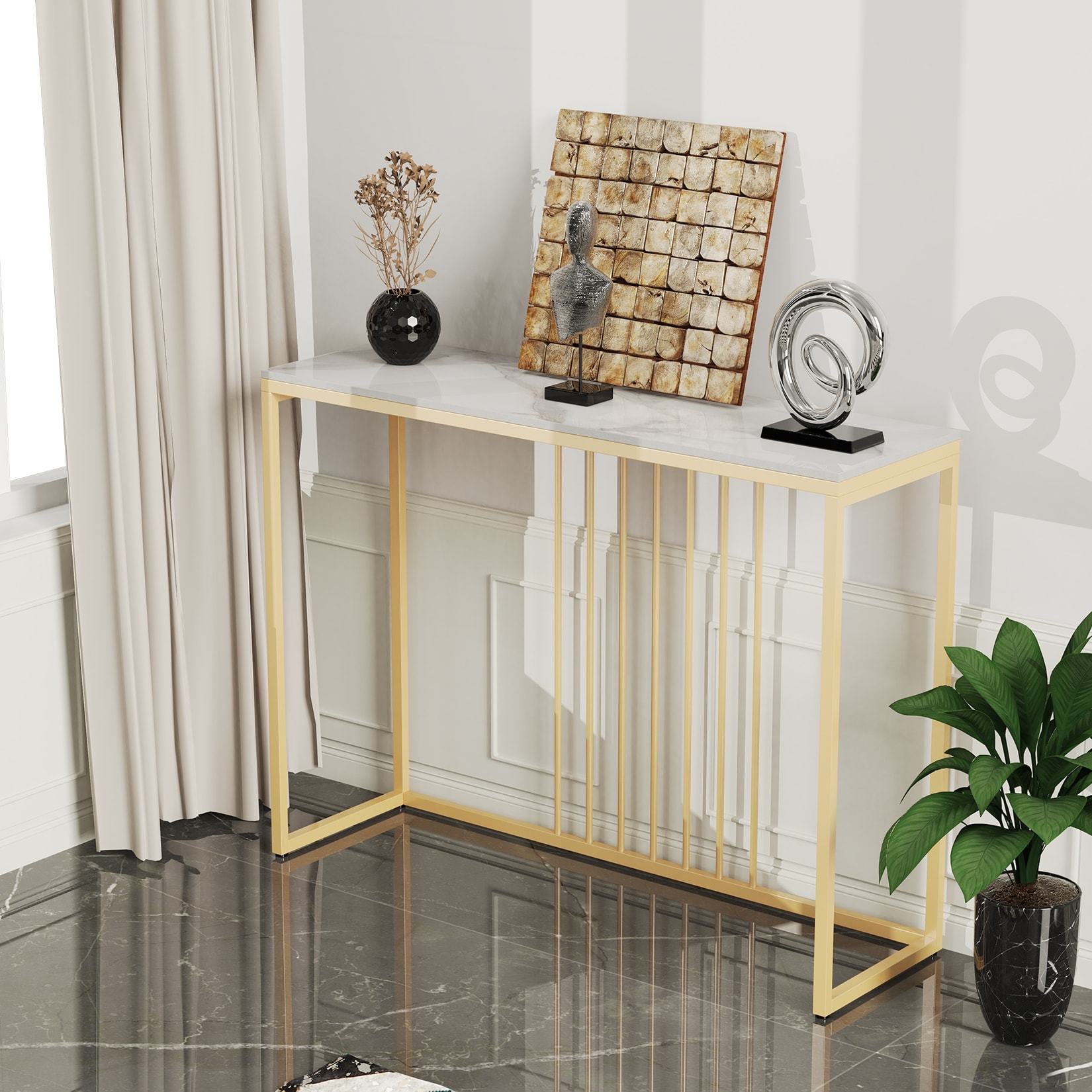 Sintered Stone Marble Skinny Console Table Gold Metal Frame Accent