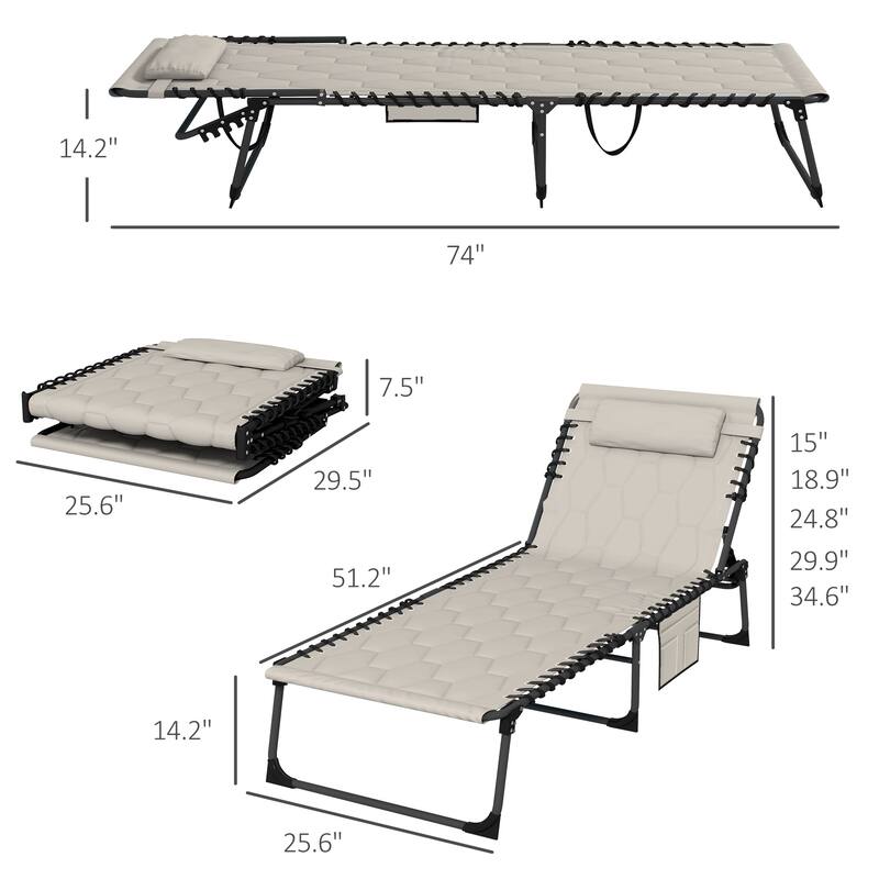 Folding Tanning Chair Set of 2, Outdoor Recliner Lounge Chairs with Pillow, Storage Pocket & Adjustable Backrest