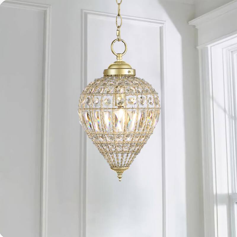 Satin Gold Beaded Clear Crystal 1 Light Island Pendant 12" Chandelier - 9" Wide x 12" Height
