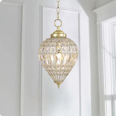 Satin Gold Beaded Clear Crystal 1 Light Island Pendant 12" Chandelier - 9" Wide x 12" Height