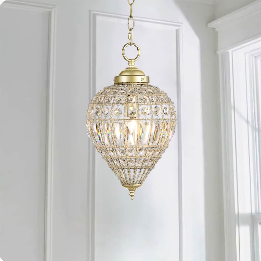 Satin Gold Beaded Clear Crystal 1 Light Island Pendant 12" Chandelier - 9" Wide x 12" Height
