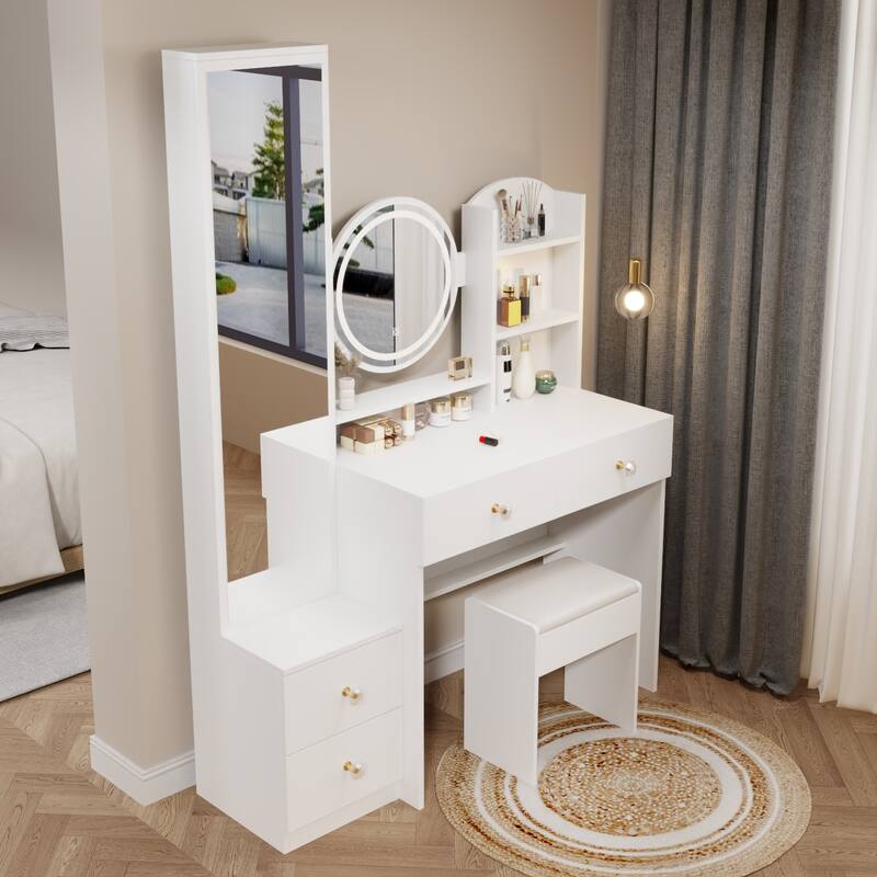 Adjustable LED Makeup Vanity with Round Mirror and Cushioned Stool
